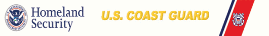 U.S. Coast Guard Shield on orange and blue swoops that mimick the Coast Guard stripe on our ships